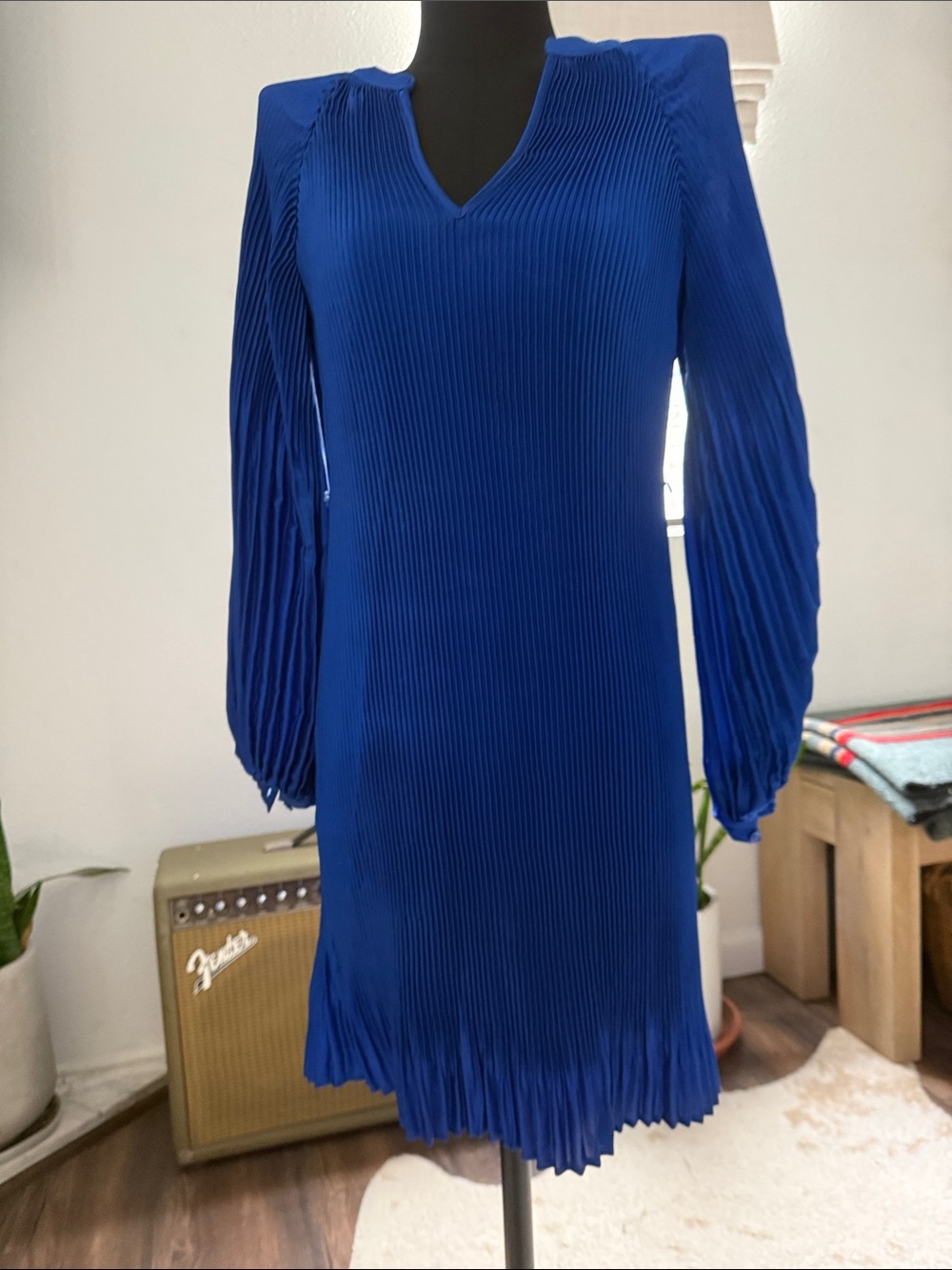 Banana Republic Royal Blue Pleated V-Neck Long Sleeve Dress